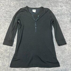 Lacoste Top Womens 40 / M Black Henley 3/4 Sleeve Logo 100% Cotton Preppy